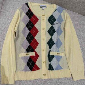 🦄🦄Ganni Women's Multicolor Argyle Cream Cardigan